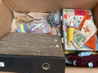 Lot 2919 - Various Boy Scout items to include vintage Scouting uniforms, vintage Scouting books, neckerchiefs, pennants, approx 1000 badges, and a 1950-60s campfire blanket