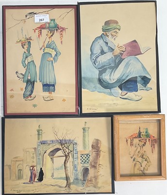 Lot 267 - A group of four 1950s Iranian watercolour portraits, two signed A. Vartanian, one Teheran Kazarov, the other unsigned. 30cm x 21cm and 16cm x 12cm.