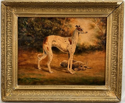 Lot 126 - English School, oil on board, A Greyhound with game in a landscape, 28cm x 36cm, framed