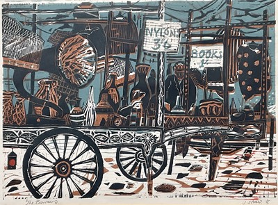 Lot 103 - James Howie Shaw 20th century limited edition multi plate woodcut print, The Barrows, 1/5, signed, 31cm x 43cm, glazed frame