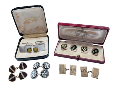 Lot 130 - Two pairs of 9ct gold cufflinks, one pair with enamel decoration, together with other cufflinks