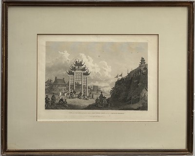 Lot 106 - After William Alexander (1767-1816), two black and white engravings by Ellis and Chapman - 'View of a Pai-Loo, improperly called a Triumphal Arch...' and 'View of the Lake Pao-Yng...', 38cm x 53...