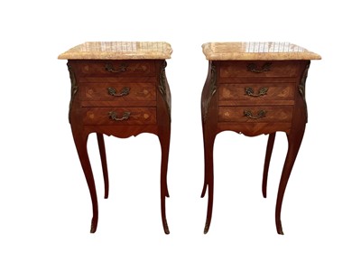 Lot 1442 - Pair of French marble topped bedside tables.
