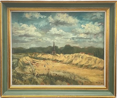 Lot 255 - Impressionist style oil on board, sandpit and figures with a church beyond, signed G. Simoens, 37cm x 47cm, glazed frame