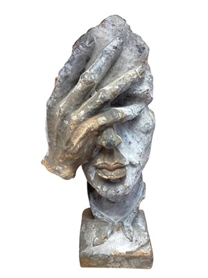 Lot 2958 - Cast metal sculpture of a face being covered by a hand, 29cm tall