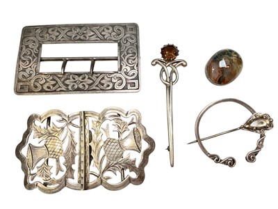 Lot 139 - Group of Scottish silver / white metal jewellery and buckles