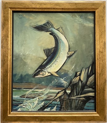 Lot 108 - A. W. Jardine, 20th century, oil on board - A Leaping Salmon, signed and inscribed Norway, 59cm x 49cm, in gilt frame