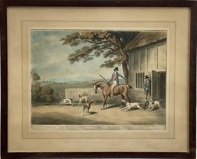 Lot 110 - After Samuel Howitt and Edward Orme, antique aquatint - Shooters going out in a Morning, 32cm x 43cm, in glazed frame