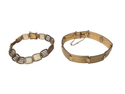 Lot 143 - 9ct gold gate link bracelet and one other gold plated panel bracelet (2)
