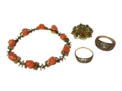 Lot 144 - Group of gold jewellery to include an antique diamond five stone ring, 9ct gold gem set dress ring, 9ct gold gem set flower head clasp and a yellow metal bracelet with carved coral rose decorati...