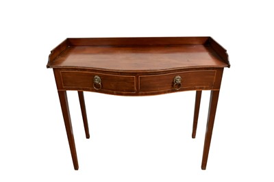 Lot 1399 - 19th century mahogany serpentine fronted side table with ledge back, pair of drawers with brass lion mask ring handles, on square taper legs, 101cm wide x 47cm deep x 88cm high