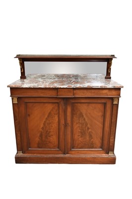 Lot 1400 - Early Victorian marble topped chiffonier, with raised shelf and mirror back, figured marble top over frieze drawers with twin panelled cupboards below between projecting ormolu headed stiles on...