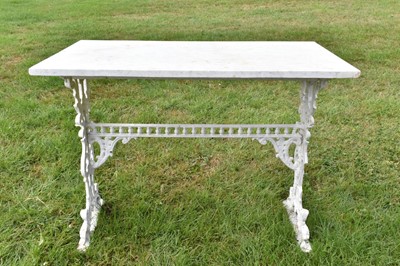 Lot 1401 - Antique white painted cast iron garden table with rectangular marble top
