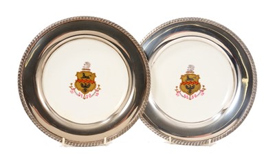 Lot 41 - Pair of Minton porcelain armorial plates with silver plated mounts