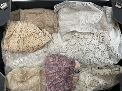 Lot 2545 - Lots of lace items including Irish crochet collar, tape lace with Point de Gase floral infills large collar, needle embroidered net lace blouse, pair of fine lawn and lace detachable sleeves, Li...