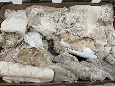 Lot 2546 - Two boxes of bobbin and needlerun lace lengths and trims including tape lace , Limerick lace, Irisn crochet, collars, cuff etc.