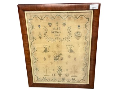 Lot 2547 - Victorian sampler E J G Willett 1866 with opposing birds and squirrels, potted plants and scrolling border.