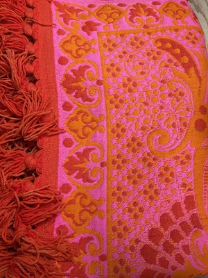 Lot 2550 - Vintage c1970s vibrant pink and orange wool rug in classic damask pattern with fringing, no label but possibly Casa Pupo. 180 x 140 cms approximately.