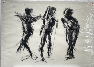 Lot 20 - British School, charcoal study, three figures, indistinctly signed, 59cm x 84cm, unframed