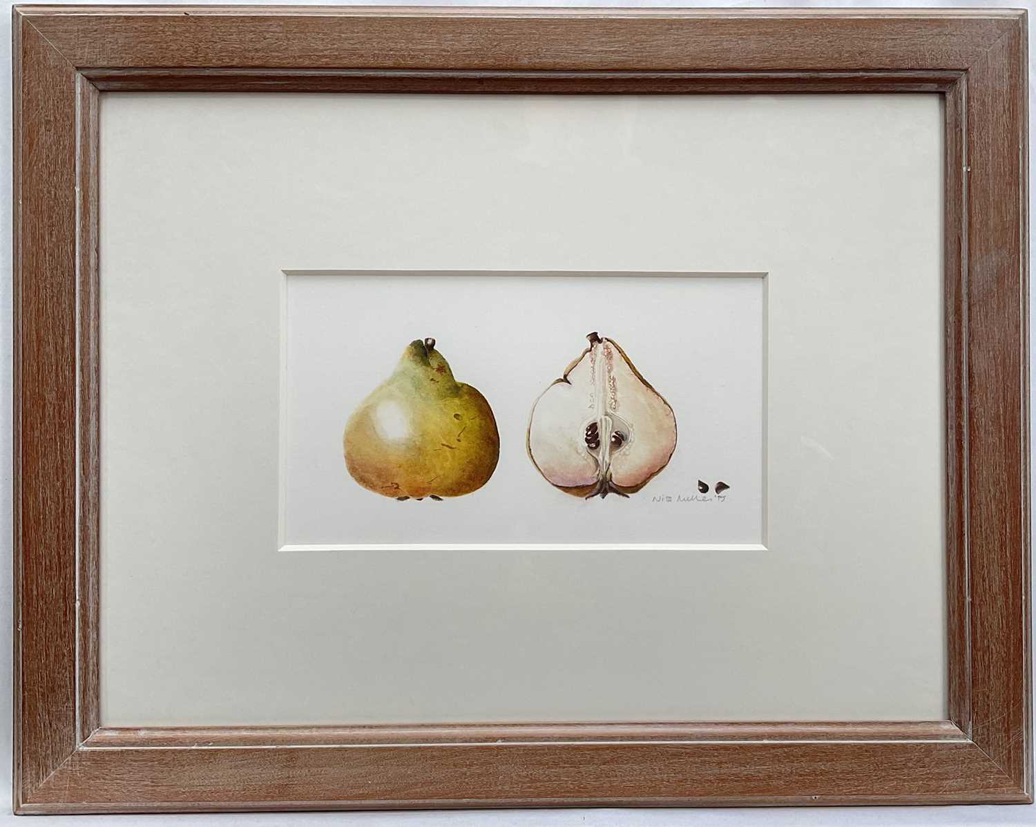 Lot 21 - Nita Miller, watercolour, Study of a Pear, signed and dated '95, 12cm x 21cm, glazed frame