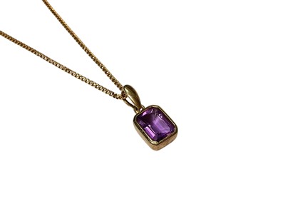 Lot 85 - 9ct gold mounted amethyst pendant on 9ct gold chain, 55cm long