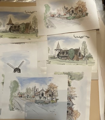 Lot 210 - Collection of unframed pictures and signed limited edition prints in a folio to include watercolours by Patrick Stroud