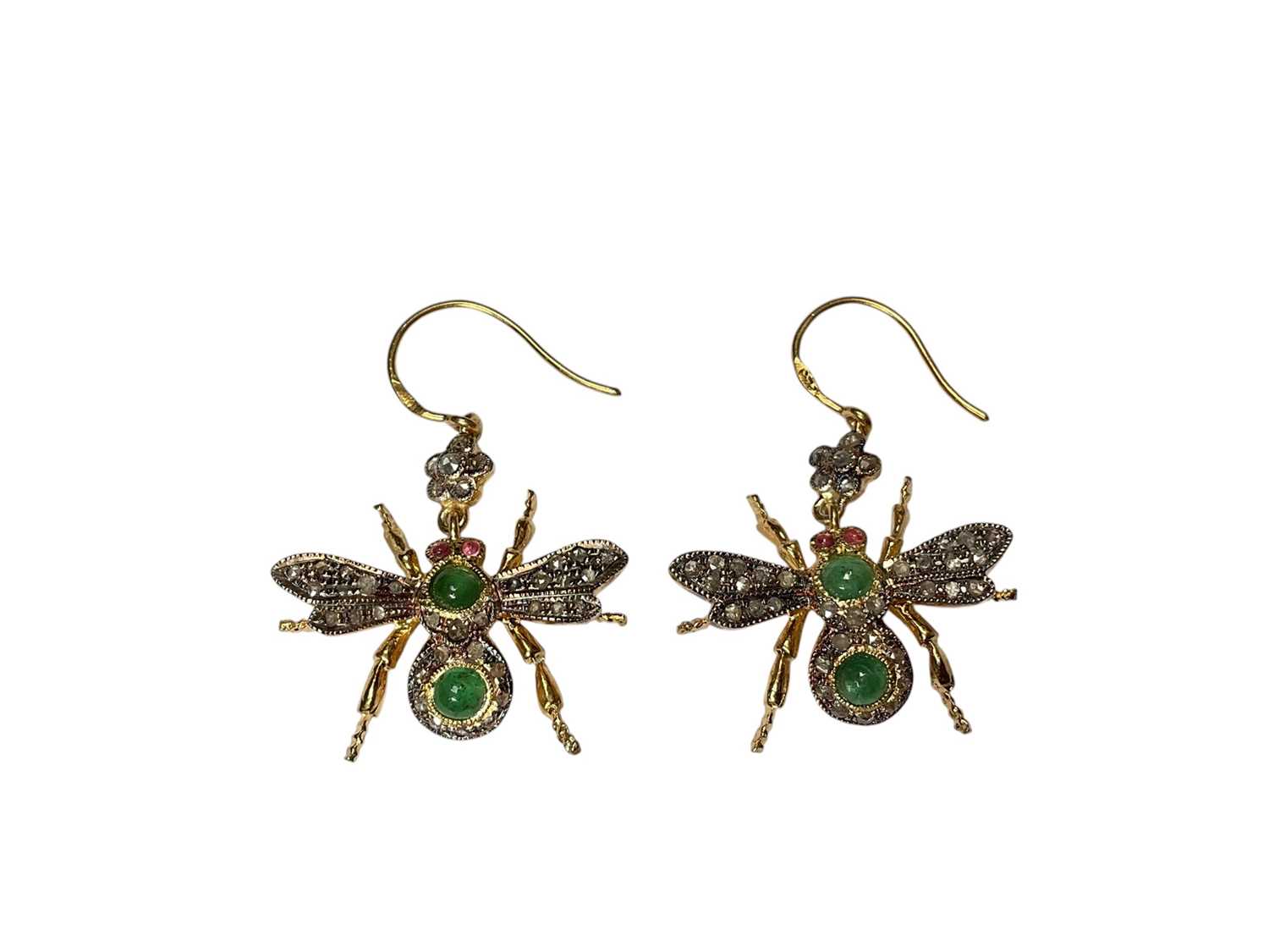Lot 2 - Pair of Victorian style emerald and diamond bee earrings