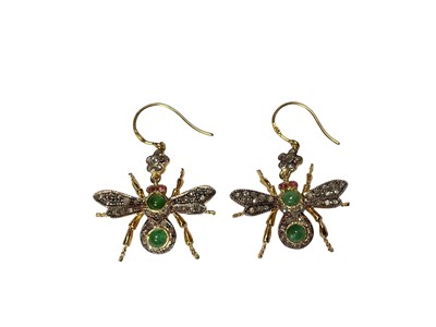 Lot 2 - Pair of Victorian style emerald and diamond bee earrings