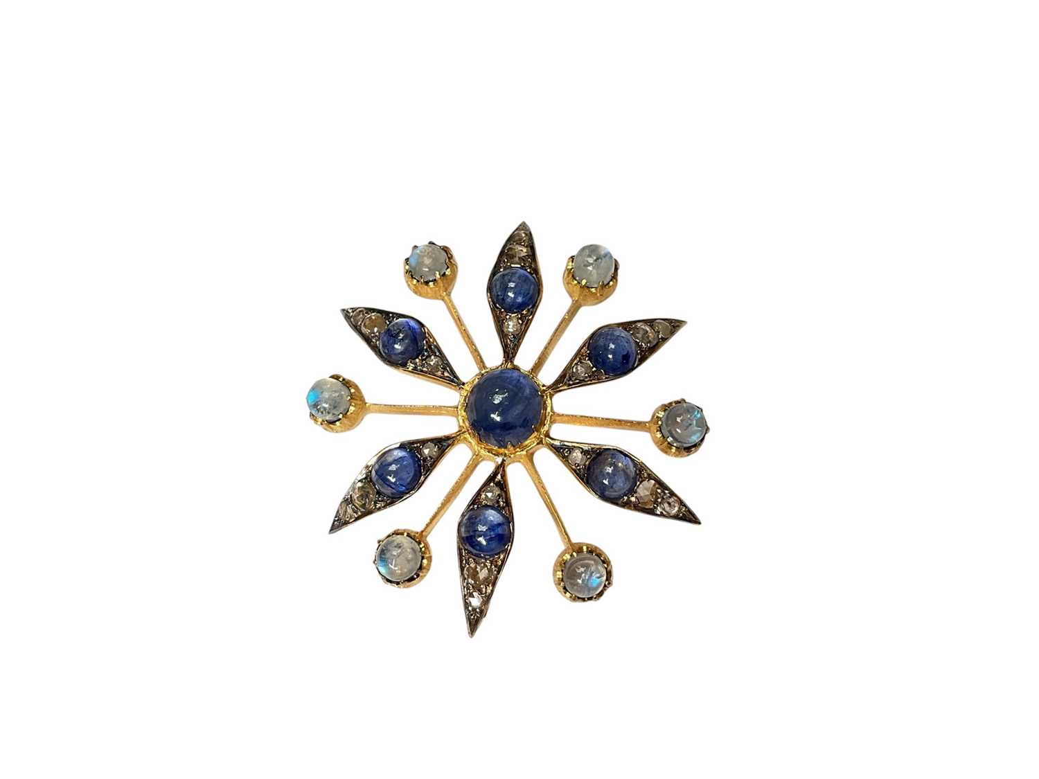 Lot 3 - Victorian style sapphire, moonstone and diamond starburst brooch / pendant