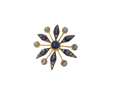 Lot 113 - Victorian style sapphire, moonstone and diamond starburst brooch / pendant