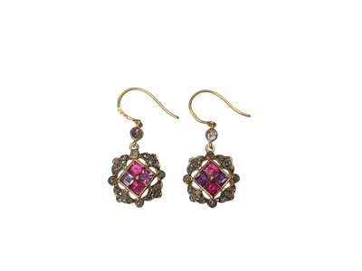 Lot 116 - Pair of Victorian style amethyst, ruby and diamond pendant drop earrings