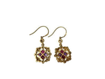 Lot 9 - Pair of Victorian style amethyst, ruby and diamond pendant drop earrings