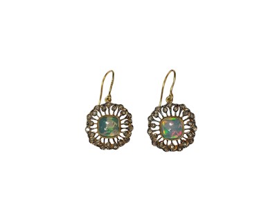 Lot 10 - Pair of Victorian style opal and diamond pendant drop earrings