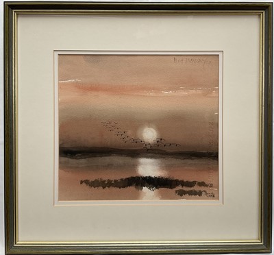 Lot 243 - Hugh Brandon-Cox (British, 1917-2003) watercolour, 'Dusk Landing over the North Norfolk Marshes' signed top right, 24cm x 26cm, glazed frame