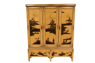 Lot 1350 - Extensive 1930s chinoiserie bedroom suite, comprising three door wardrobe, 168cm wide x 66cm deep x 205cm high, chest of drawers, dressing table with separate three fold mirror