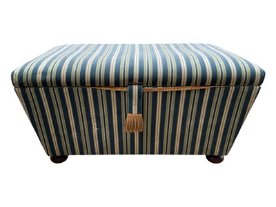 Lot 5354 - Victorian style ottoman of sarcophagus form, upholstered in blue and green striped fabric, on bun feet