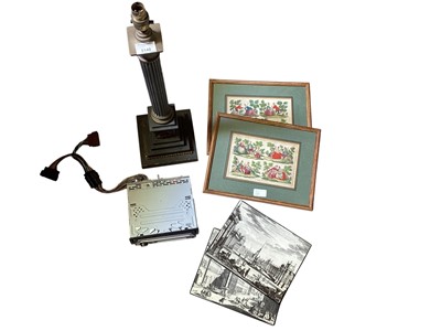 Lot 5212 - Sundry items, including an antique classical column lamp base, pair of 19th century coloured engravings, car radio, empty boxes, etc