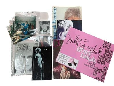 Lot 1113 - Dusty Springfield memorabilia including sealed number limited edition 4 CD, 3 DVD box set with exclusive pictures and two hardback books, tour and theatre programme, 2 signed promotional picture...