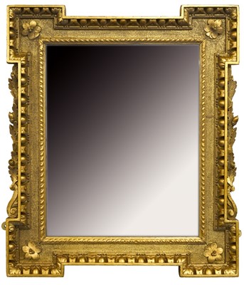 Lot 1440 - Mid 18th century giltwood kit-kat wall mirror, mirrored plate in ropetwist and flowerhead boss surround and egg and dart carved frame with acorn swags, 78 x 69cm