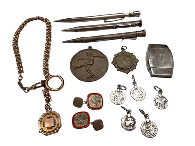 Lot 167 - Group of jewellery to include a pair of silver gilt and enamel cufflinks, Victorian pinchbeck watch chain with locket, three silver propelling pencils, silver coins, white metal ve...