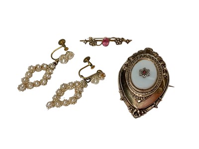 Lot 172 - Edwardian 9ct gold pink stone and seed pearl brooch, 19th century Etruscan Revival gold overlaid brooch and a pair of antique pearl earrings