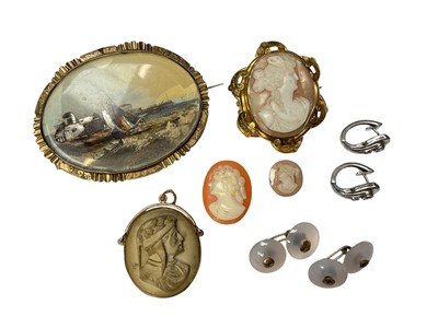 Lot 175 - 19th century cameo brooch, three other cameos, 19th brooch depicting a ship at sea, pair of hardstone cufflinks and a pair of earrings