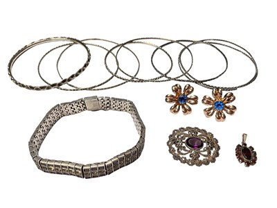 Lot 179 - Art Deco silver paste set bracelet with patent number, 19.5cm long, pair of American silver gilt and blue stone flower screw back earrings, various white metal