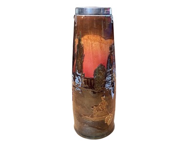 Lot 2227 - Silver moulted Doulton cylindrical landscape vase in the manner of Noke