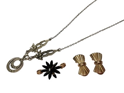 Lot 129 - Pair of 9ct gold bow clip on earrings, together with a marcasite necklace and a brooch