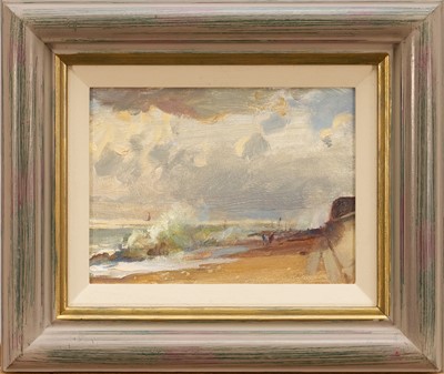 Lot 1187 - *Trevor Chamberlain (b. 1933) oil on board, Wild Weather Aldeburgh Beach, 14cm x 19cm, framed