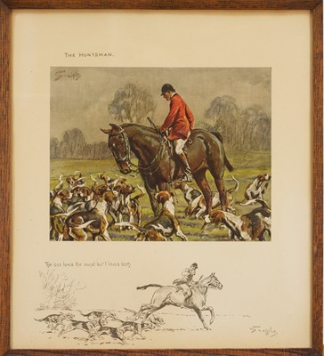 Lot 991 - *Snaffles, Charles Johnson Payne (1884-1967) signed hand-coloured print - The Huntsman, with Snaffles blindstamp, 42cm x 37cm, in glazed frame