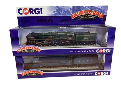 Lot 1772 - Corgi 1:120 scale Rail Legends diecast locomotives models and LNER Flying Scotsman, on plinth, plus commercial aircraft and Atlas Editions Bismarck & Tirpitz (11 total)