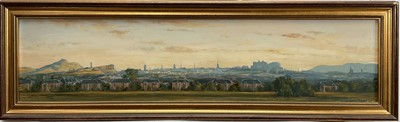 Lot 240 - Ian Johnstone (1957-2009) oil on board, Edinburgh panorama, signed, 15cm x 61cm, framed