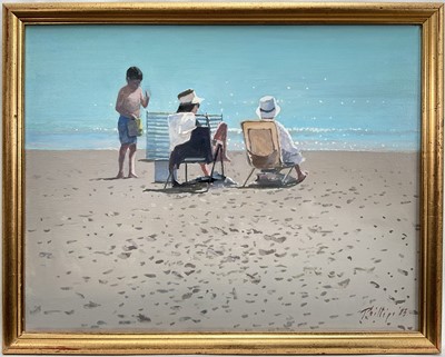 Lot 248 - Peter Z Phillips, oil on canvas, A quiet day on the beach, signed and dated 2023, 35 x 45cm, gilt frame
